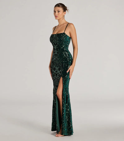 Lilia Sequin Velvet High Slit Mermaid Dress