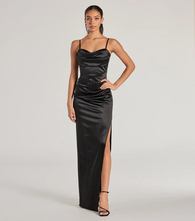 Iliana Cowl Neck High Slit Satin Formal Dress