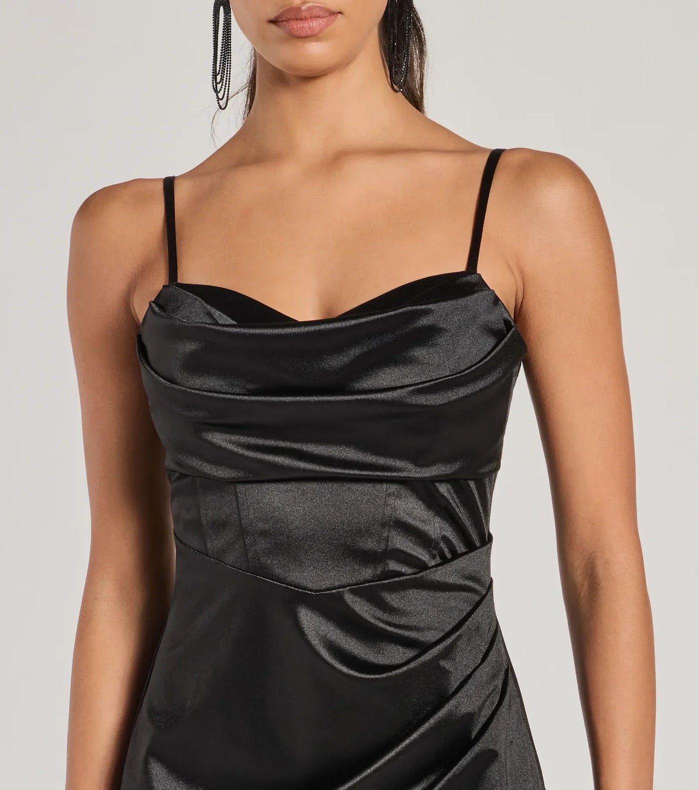 Iliana Cowl Neck High Slit Satin Formal Dress