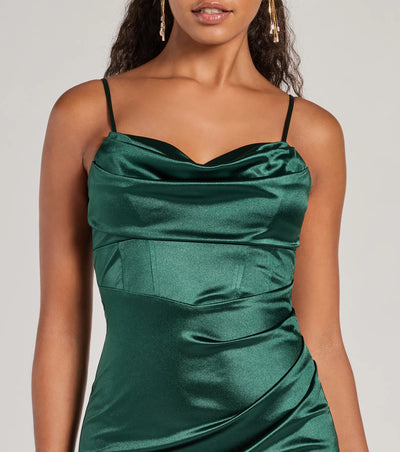 Iliana Cowl Neck High Slit Satin Formal Dress