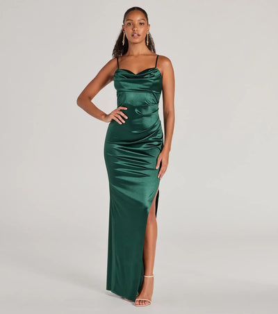 Iliana Cowl Neck High Slit Satin Formal Dress