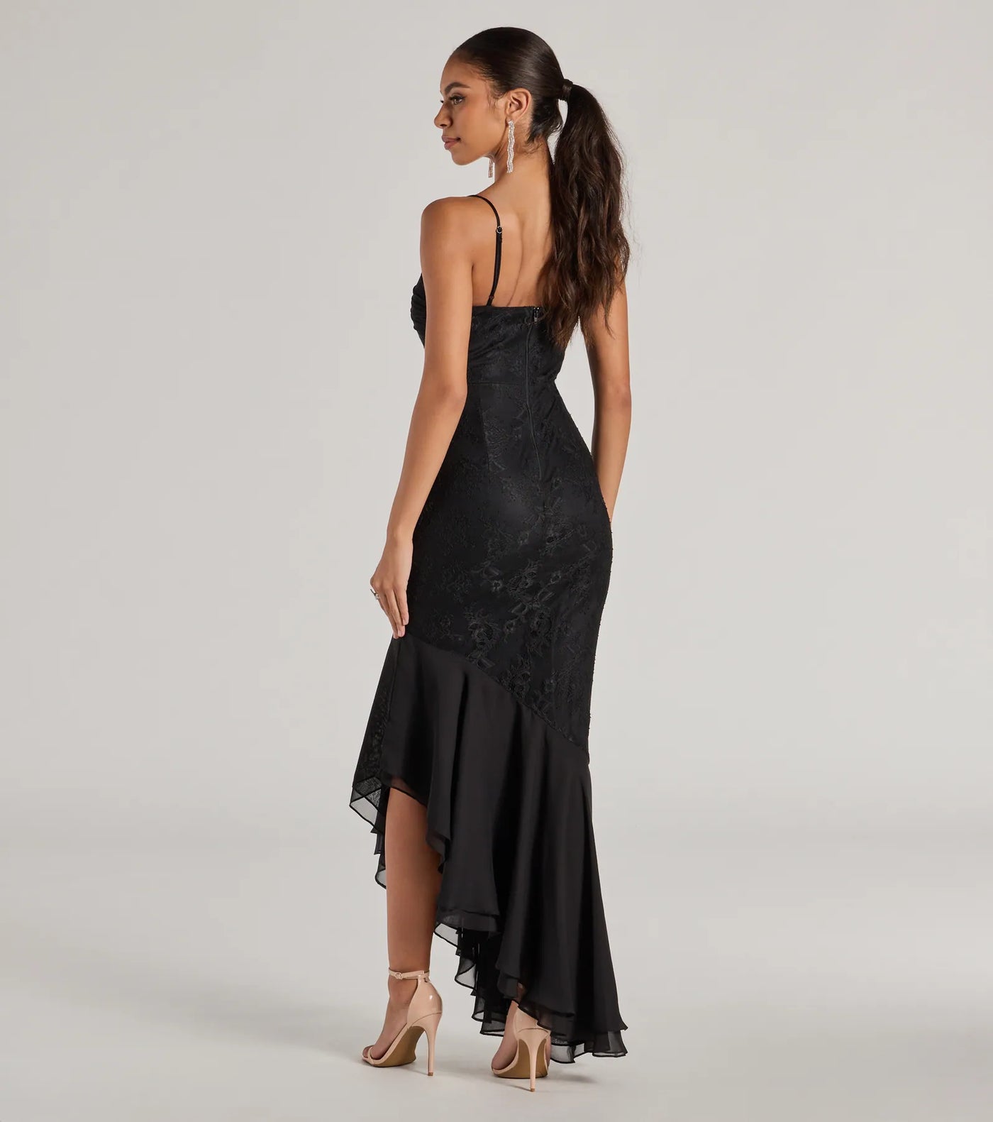 Brinley Lace Chiffon Asymmetric Mermaid Dress