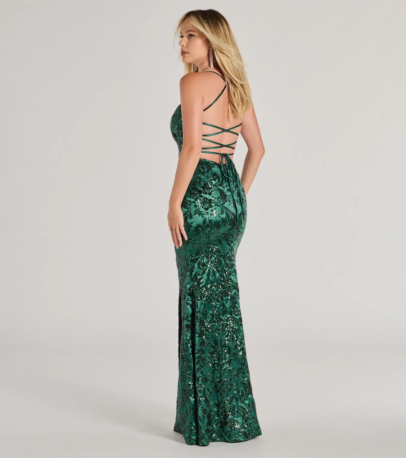 Marisol Lace-Up Mermaid Sequin Satin Formal Dress