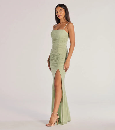 Annika Pearl And Rhinestone Ruched Mesh Mermaid Dress