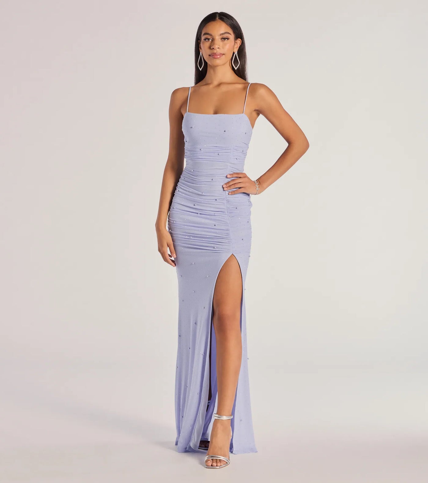 Annika Pearl And Rhinestone Ruched Mesh Mermaid Dress