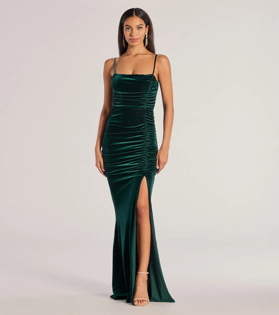 Alondra Ruched Velvet Front Slit Mermaid Dress