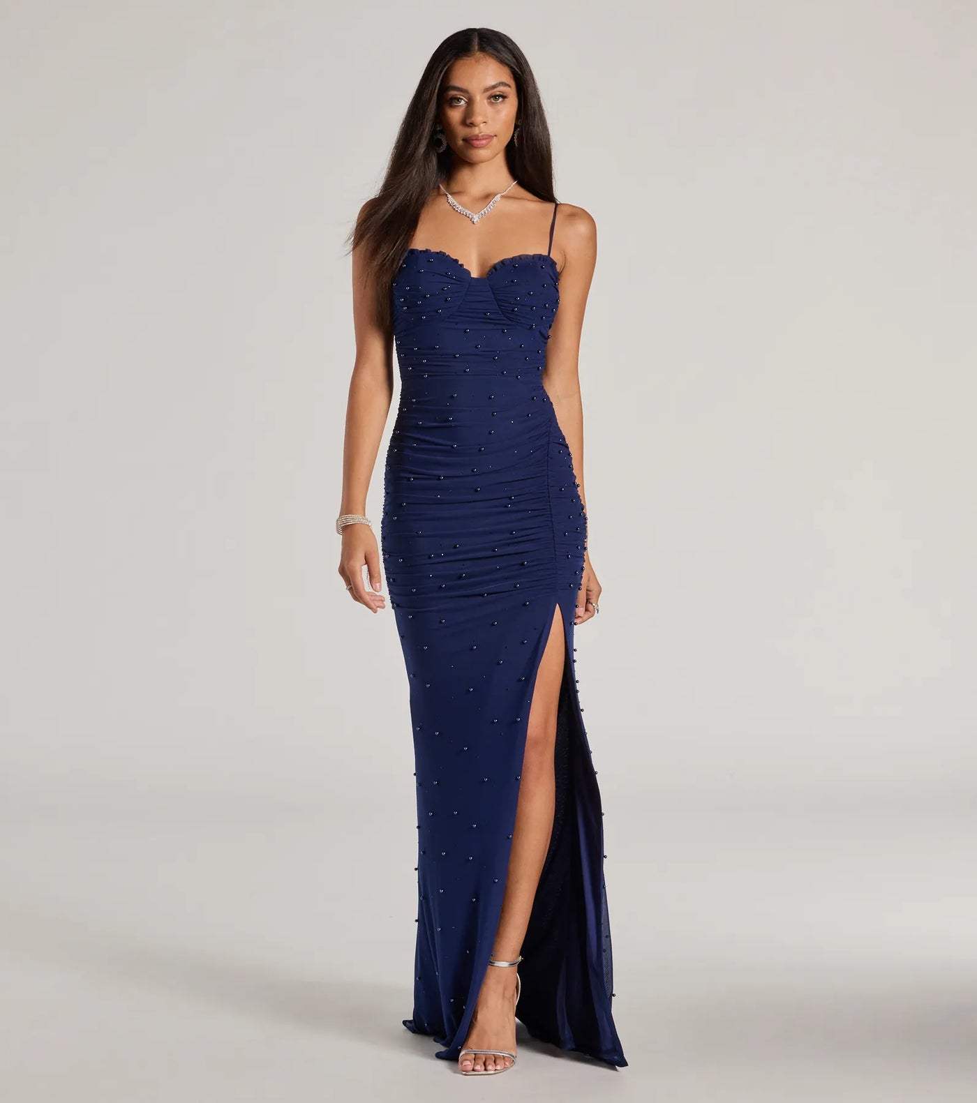 Milena Faux Pearl Mesh High Slit Mermaid Dress