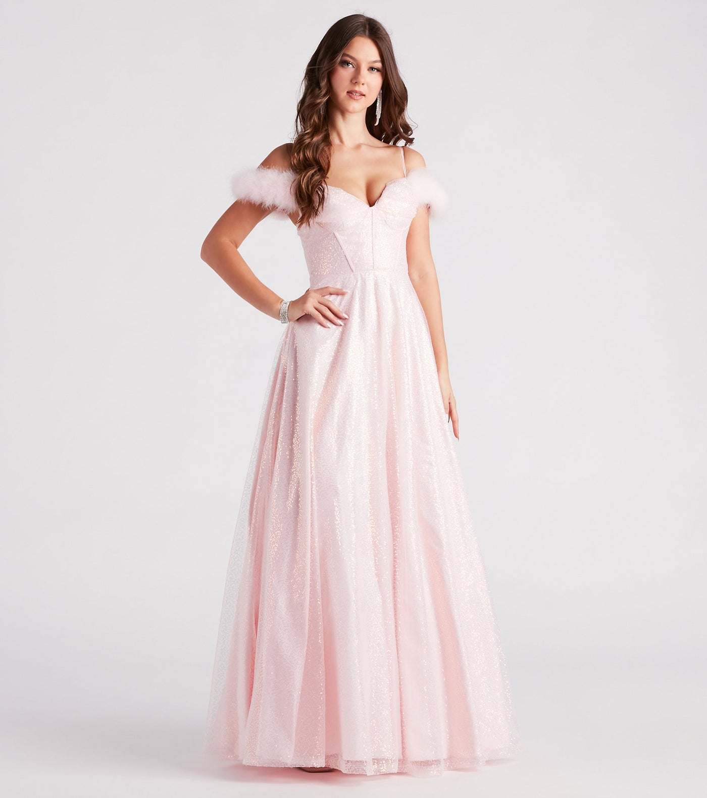 Kayleen Sequin Feather A-Line Ball Gown