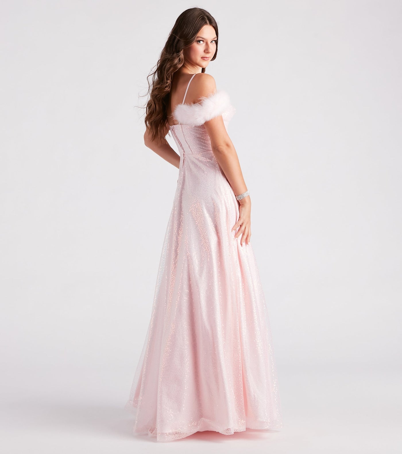 Kayleen Sequin Feather A-Line Ball Gown