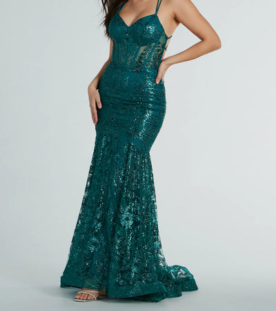 Amal Bustier Lace-Up Mermaid Glitter Sequin Gown