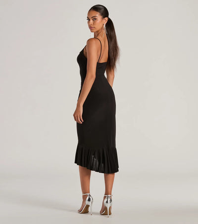 Secret Weapon Cowl Neck Bodycon Ruffle Midi Dress