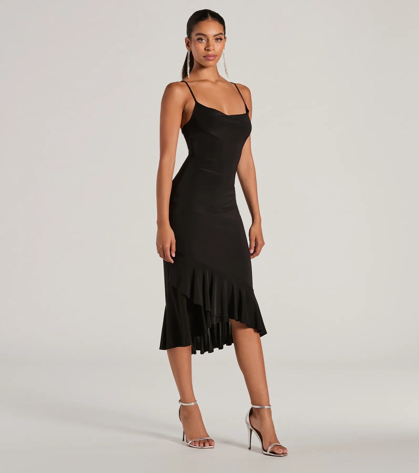 Secret Weapon Cowl Neck Bodycon Ruffle Midi Dress