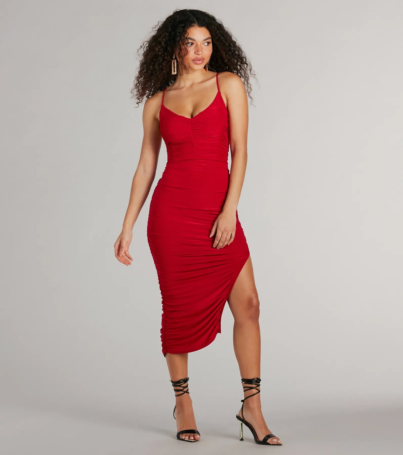 Sultry Status High Slit Ruched Bodycon Midi Dress