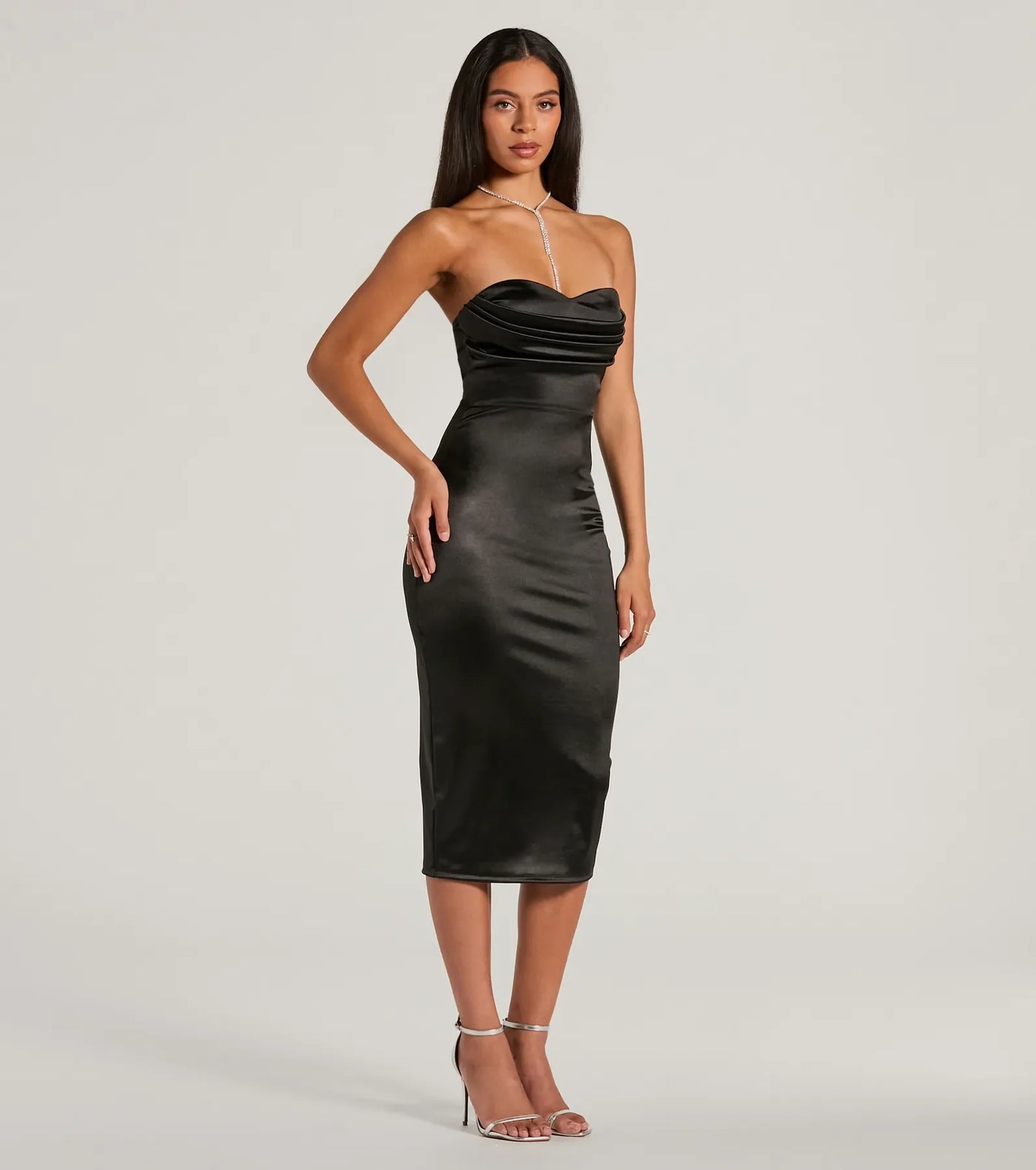 Exquisite In Strapless Satin Midi Dress