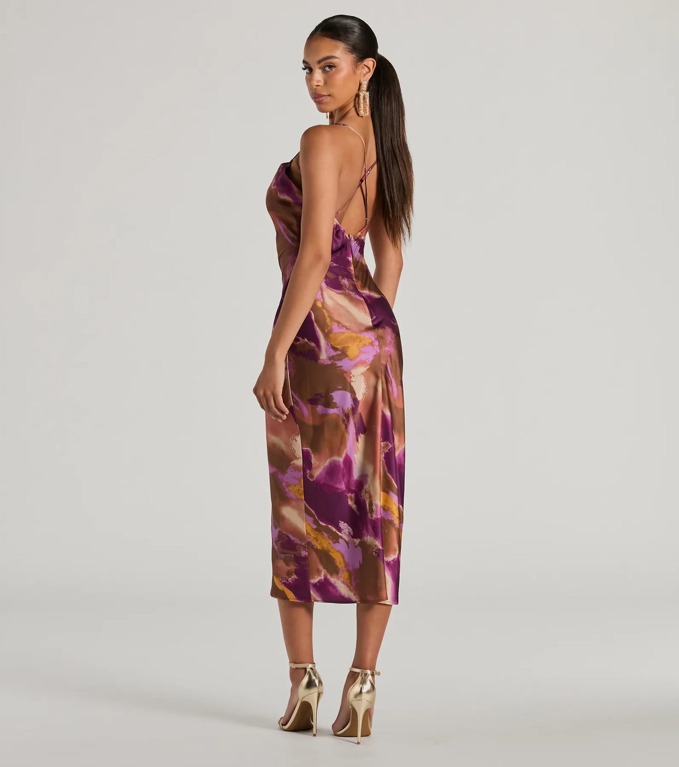 Always Impress Cowl Neck Tie-Dye Satin Midi Dress