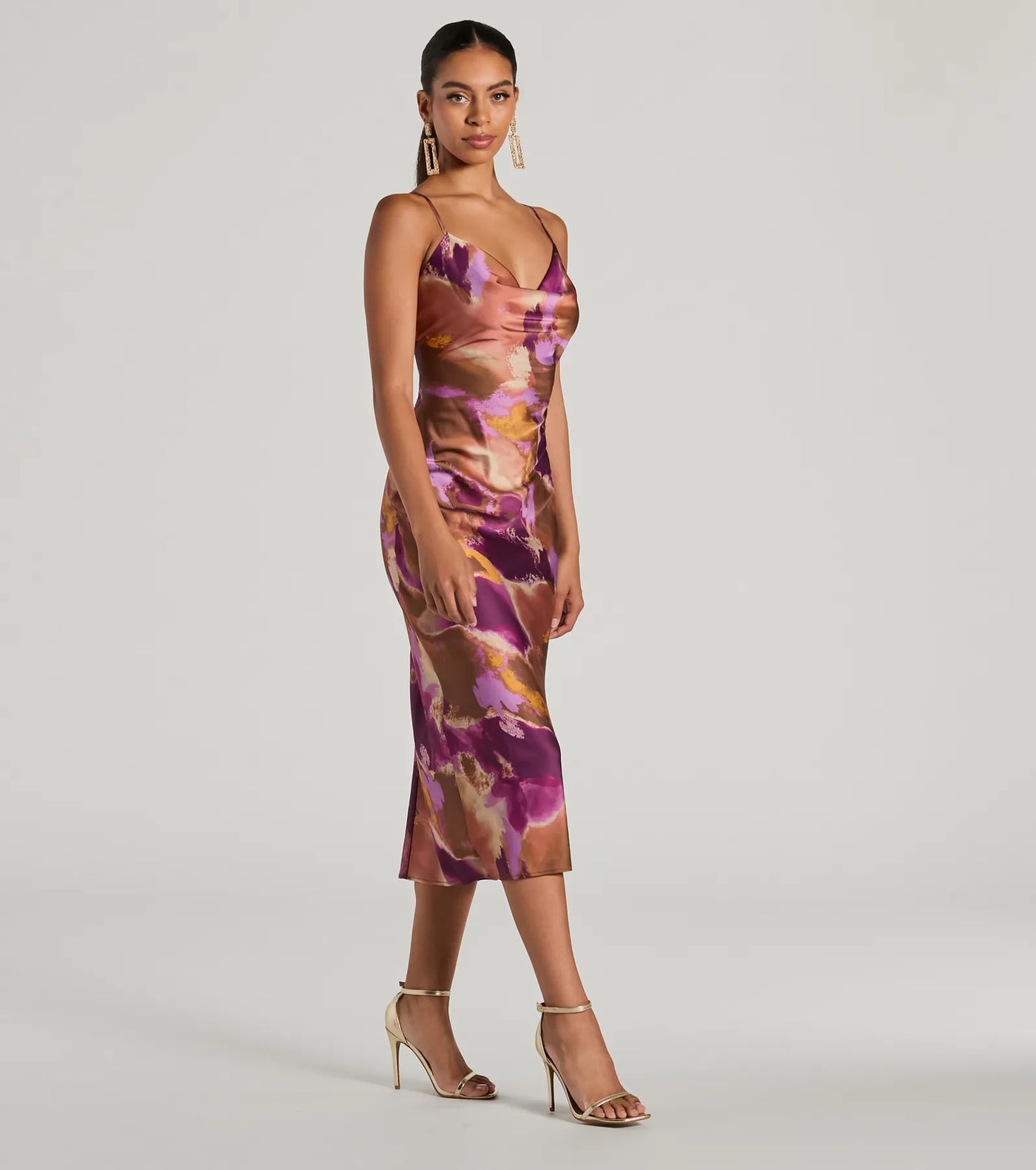 Always Impress Cowl Neck Tie-Dye Satin Midi Dress