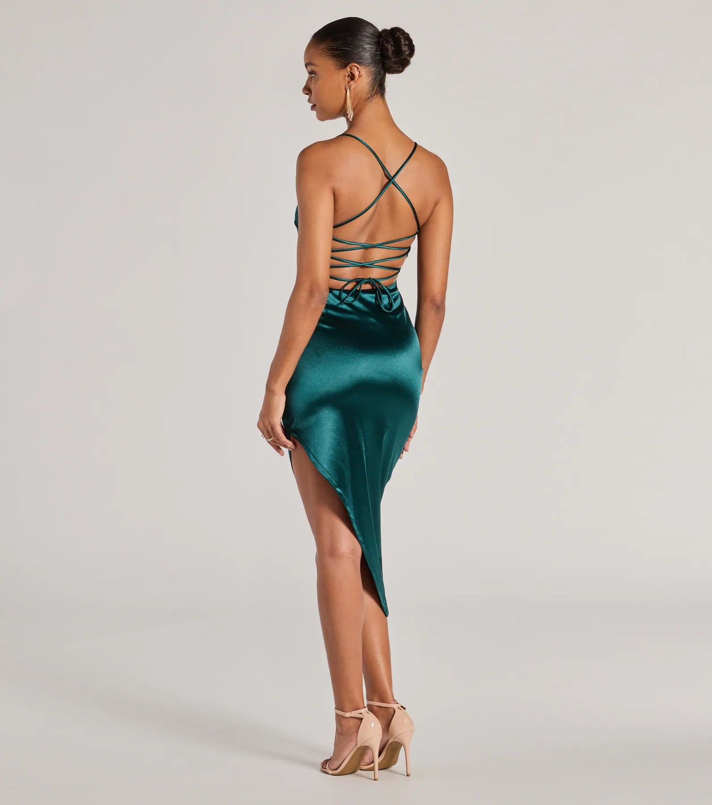 Sensational Fate Lace-Up Bodycon Satin Midi Dress