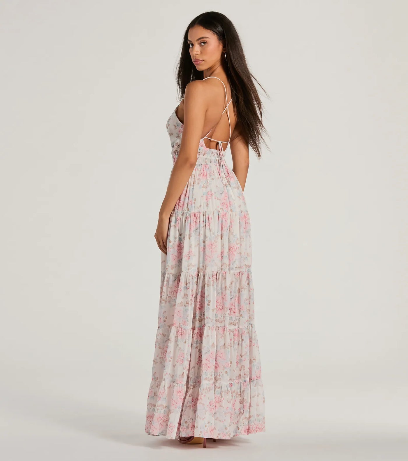 Exceptional Bliss Lace-Up Floral Chiffon Maxi Dress