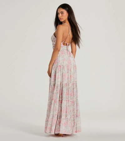 Exceptional Bliss Lace-Up Floral Chiffon Maxi Dress