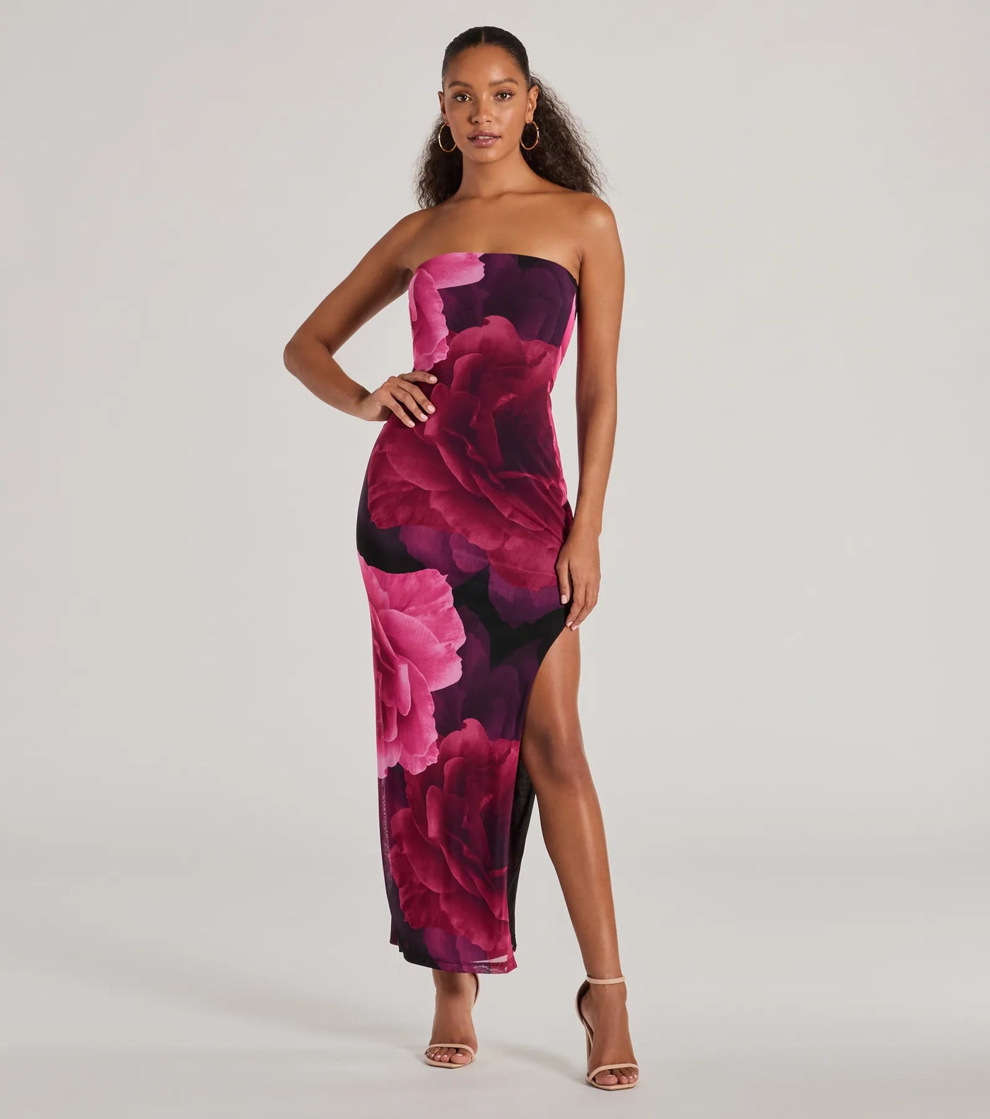 Grandeur Blooms Strapless Slit Floral Maxi Dress