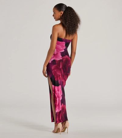 Grandeur Blooms Strapless Slit Floral Maxi Dress