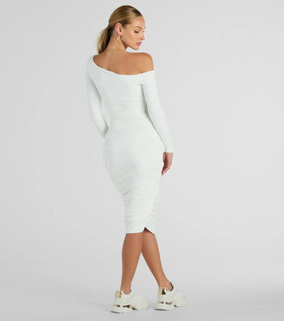 Dinner Date Off-The-Shoulder Long Sleeve Midi Dress