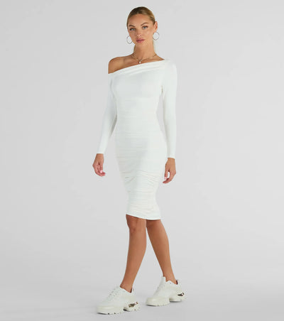 Dinner Date Off-The-Shoulder Long Sleeve Midi Dress