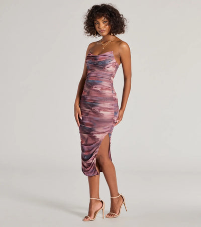 Luminous Allure Strapless Corset Abstract Midi Dress