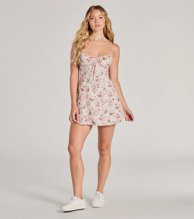 Marvelous Blooms Lace-Up Corset Floral Skater Dress