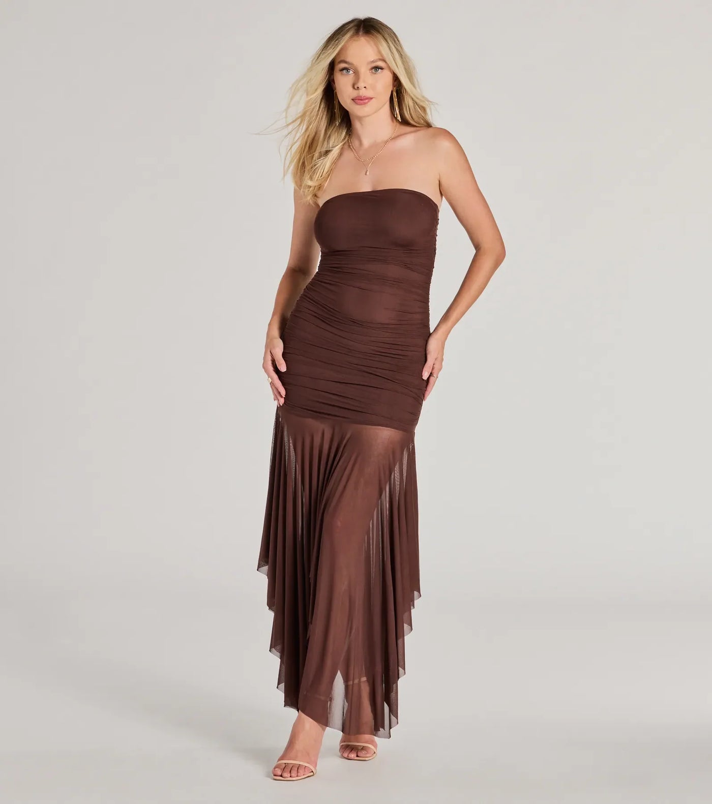 Sheer Perfection Ruched Maxi Mesh Tube Dress