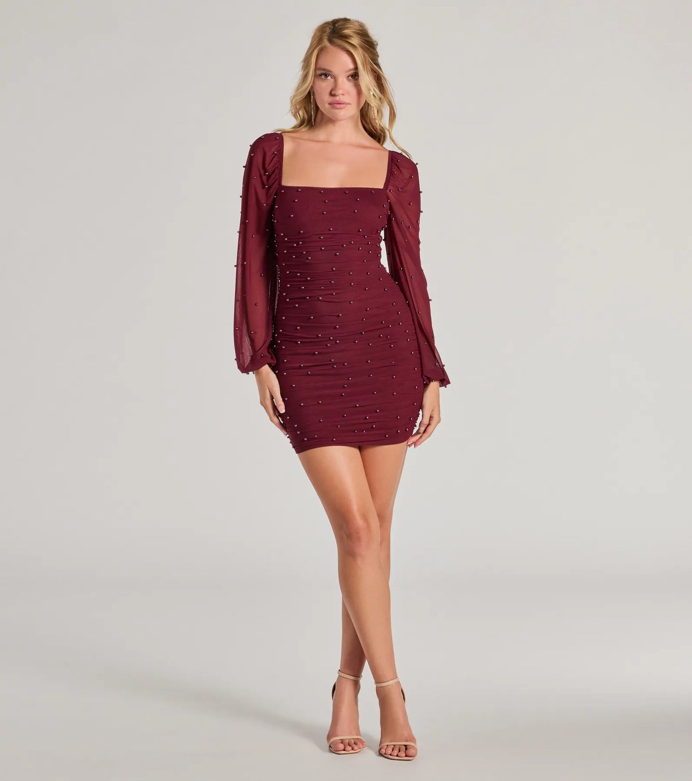 Lovely Vibe Pearl Mesh Long Sleeve Mini Dress