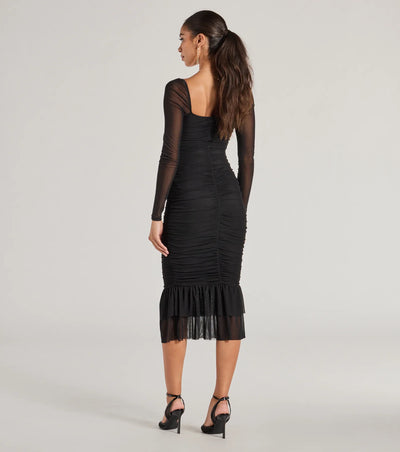 Elegant Ruched And Ruffled Mesh Midi Dress