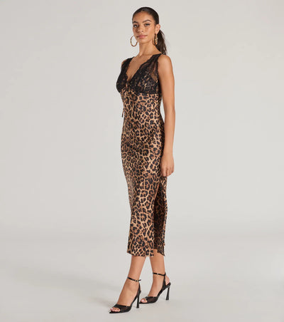 Sleek Leopard Print Lace And Satin Midi Dress