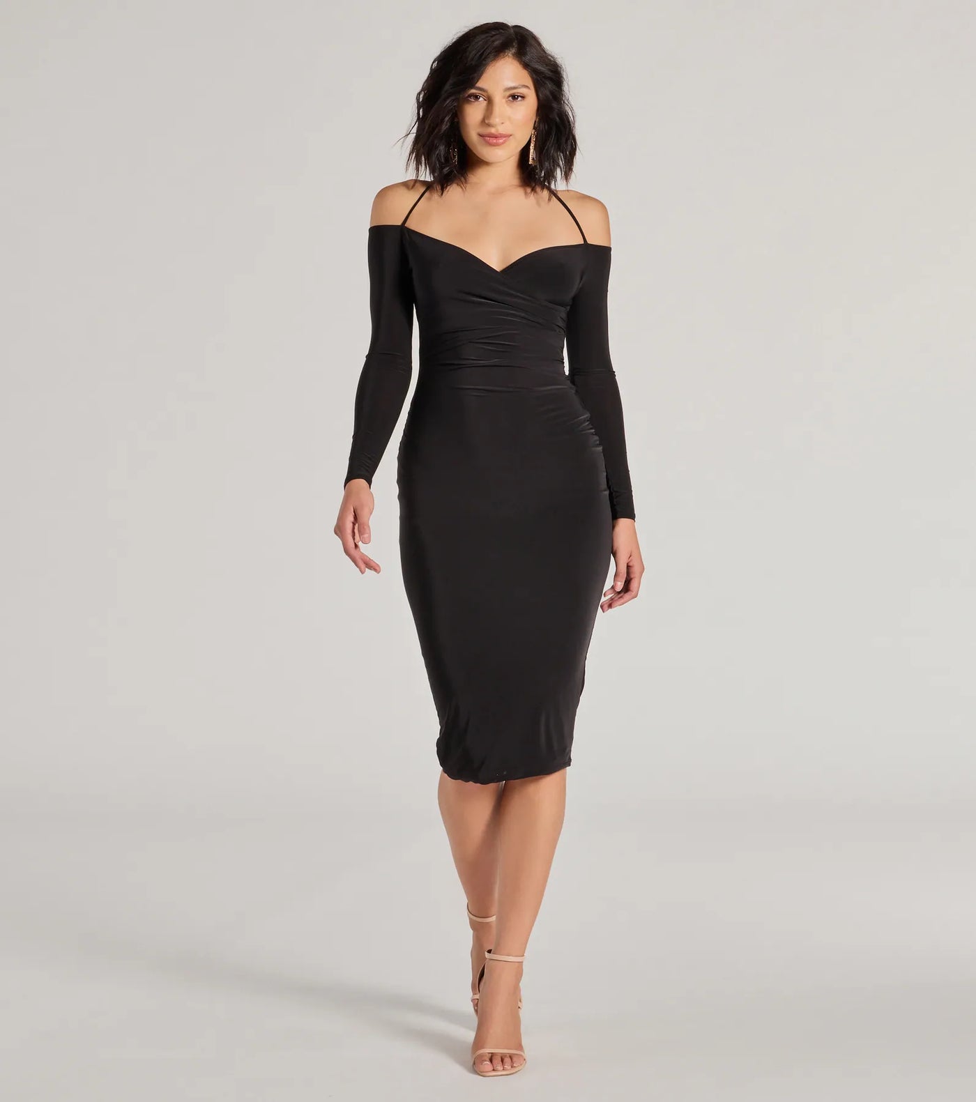 Strike A Pose Long Sleeve Halter Midi Dress