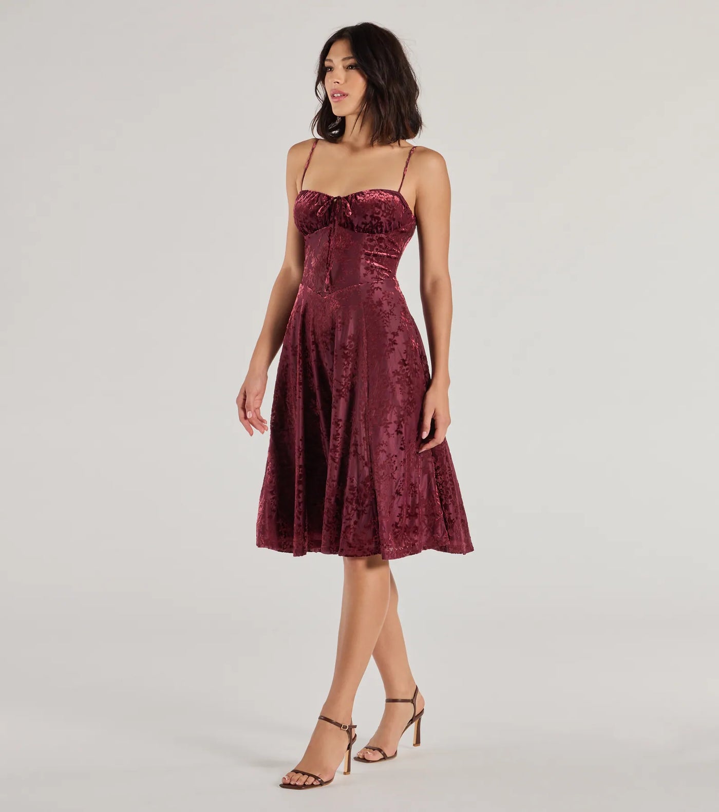 Floral Beauty Velvet Flocked Mesh Midi Dress