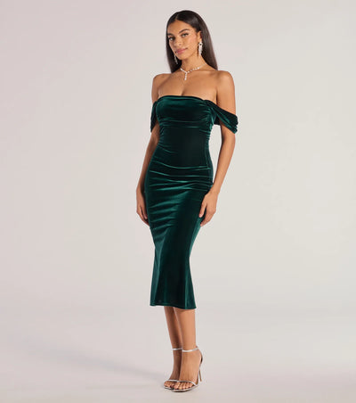 Regal Moment Off-The-Shoulder Velvet Midi Dress