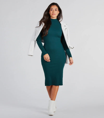 Good Looks Mock Neck Long Sleeve Knit Midi Dress