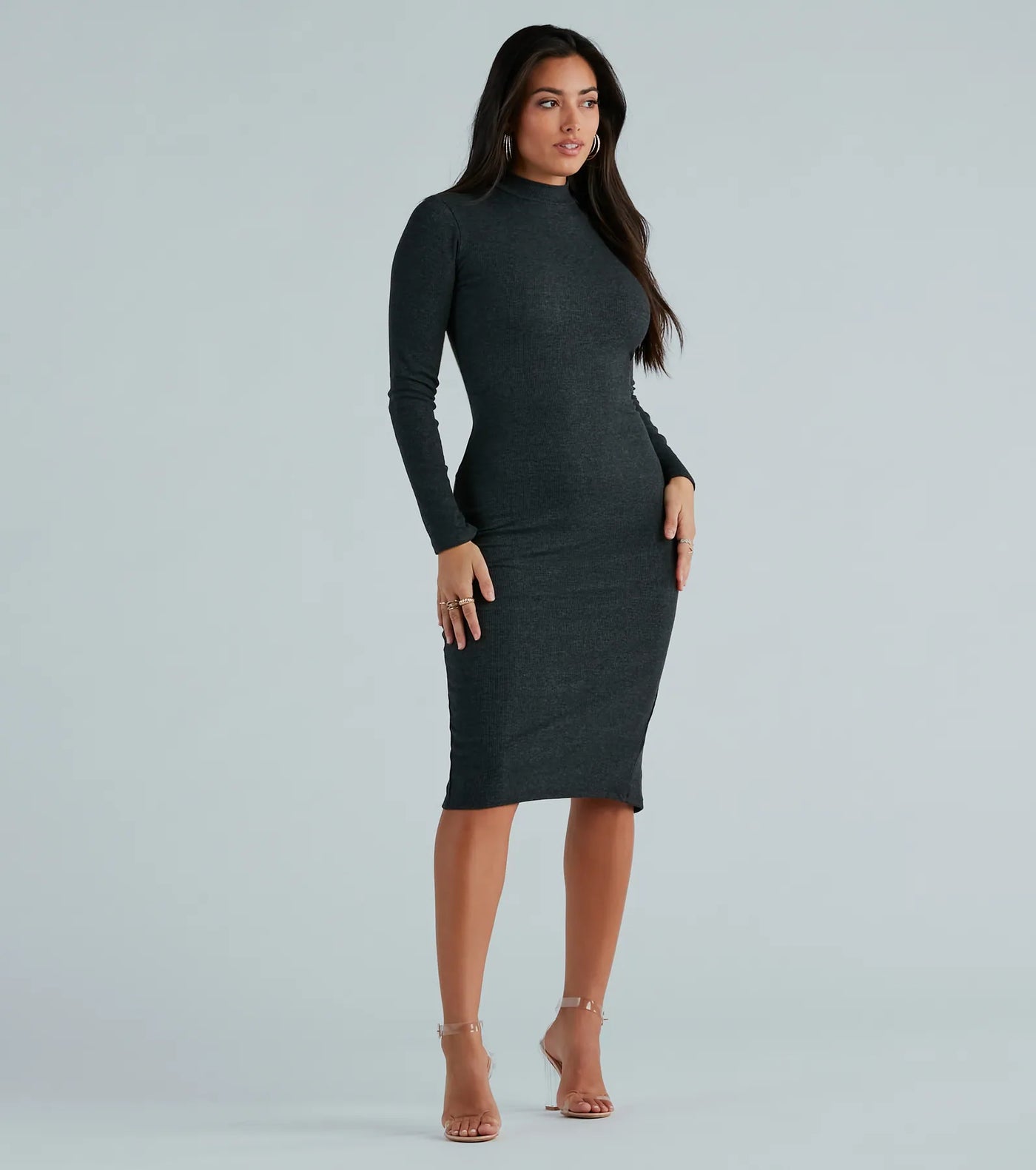 Good Looks Mock Neck Long Sleeve Knit Midi Dress