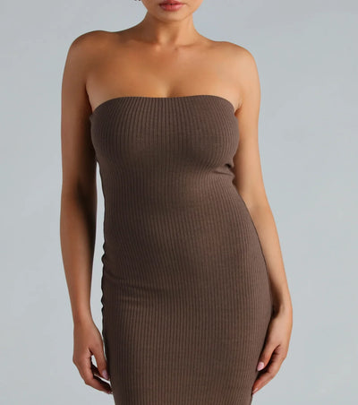 She's The Main Rib Knit Strapless Midi Dress