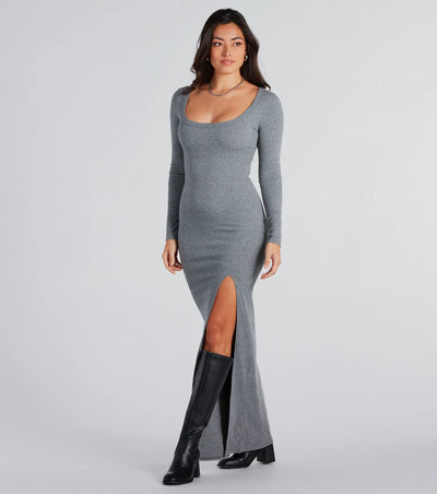 Elevated Vibes Ribbed Knit High Slit Maxi Dress