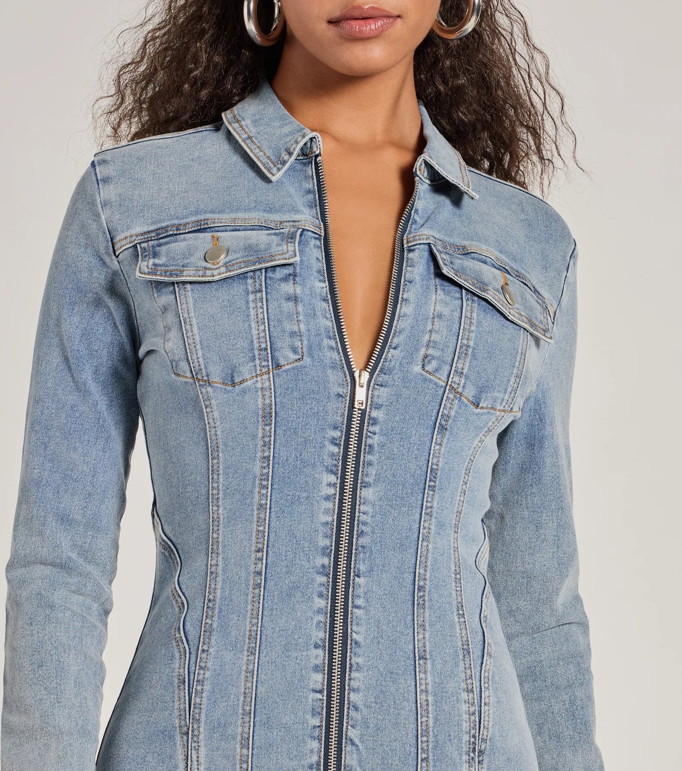 Sweet Looking Long Sleeve Denim Mini Dress