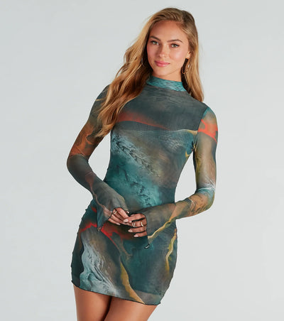 Artsy Play Abstract Mock Neck Mini Dress