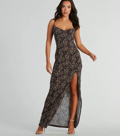 Paisley Babe Cowl Neck Slit Maxi Dress