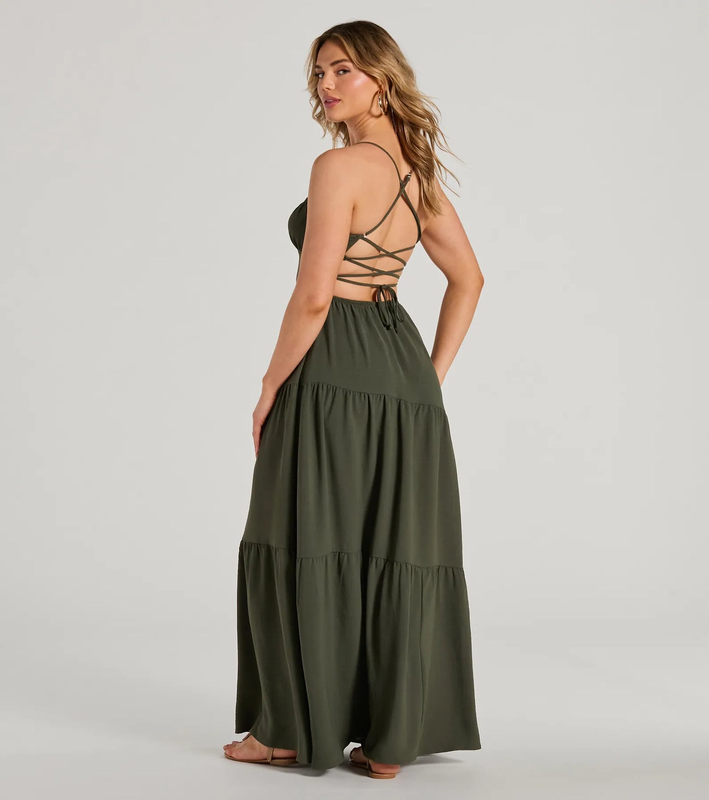 Coastal Dream Lace-Up Ruffled Maxi Dress