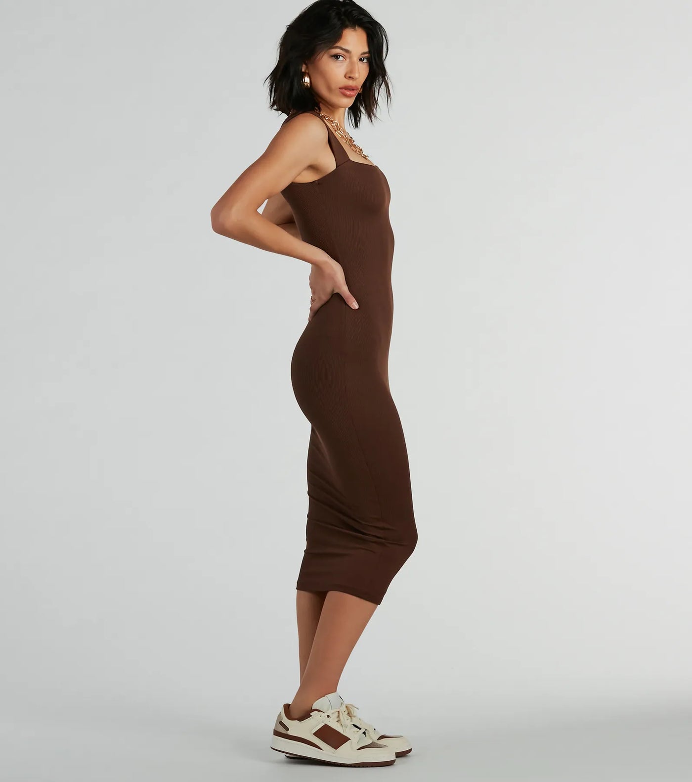 Smooth Silhouette Square Neck Tank Midi Dress