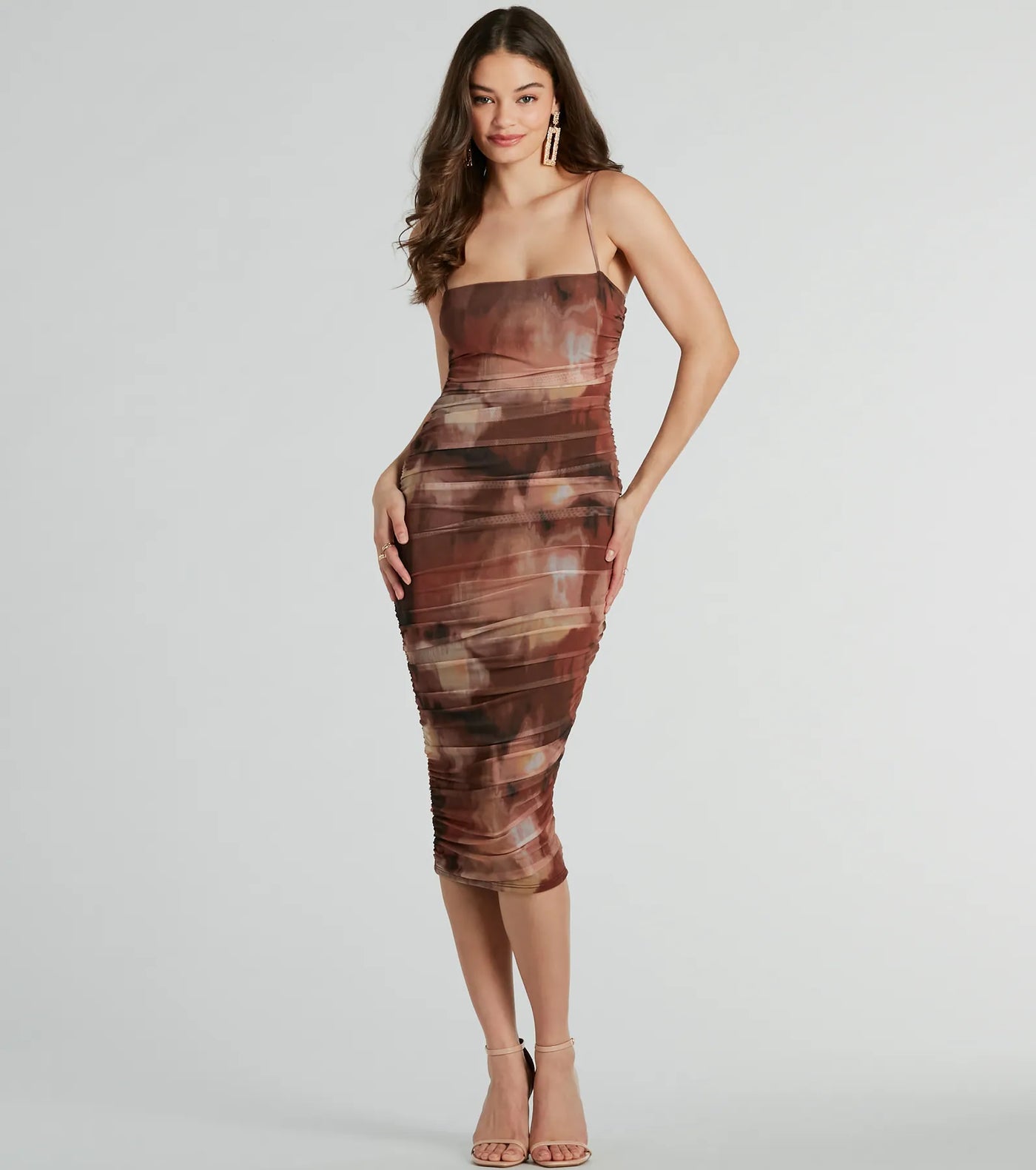 Abstract Babe Ruched Mesh Midi Dress