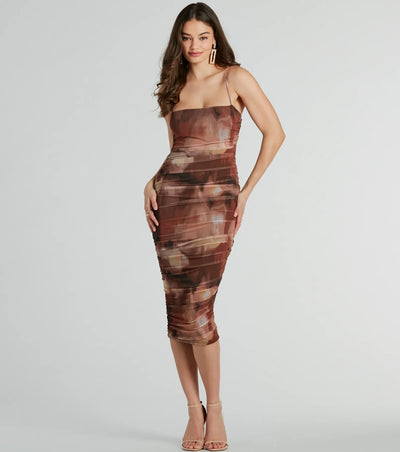 Abstract Babe Ruched Mesh Midi Dress