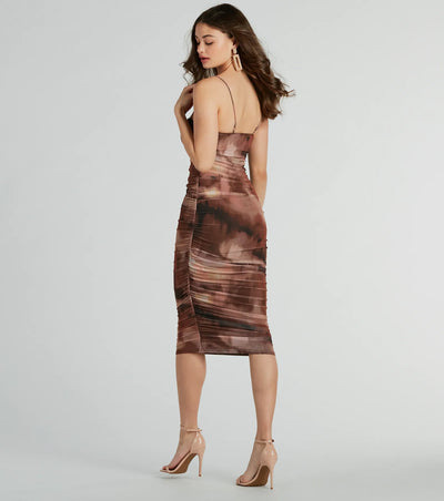 Abstract Babe Ruched Mesh Midi Dress