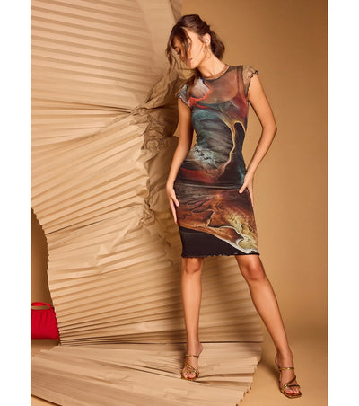 Bold Allure Abstract Print Mesh Midi Dress