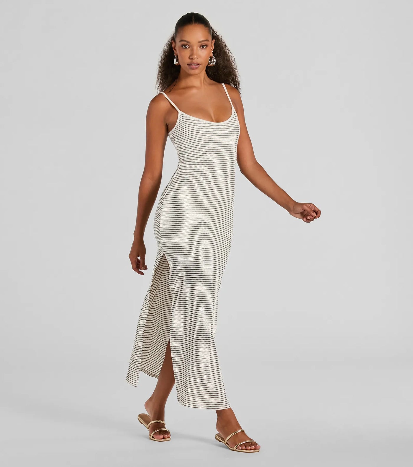 Weekend Vibes High Slit Striped Knit Maxi Dress